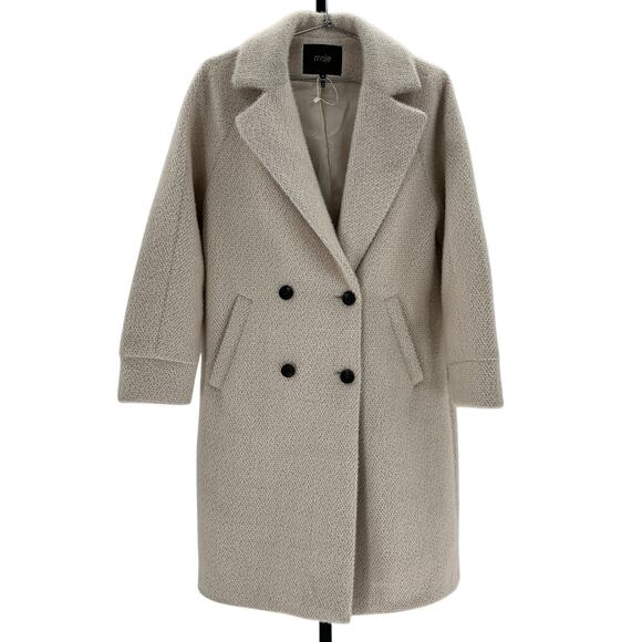 Maje 'Gabyna' Beige Polyester Double-Breasted Metallic Brushed Tweed Coat Size - Picture 1 of 3